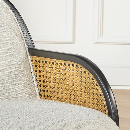 MARCEL – Fauteuil style moderne en rotin, bois massif et tissu effet laine bouclée, 1 place