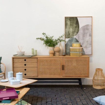 LALALA - Buffet with 2 doors / 2 drawers in oak, rattan, and metal