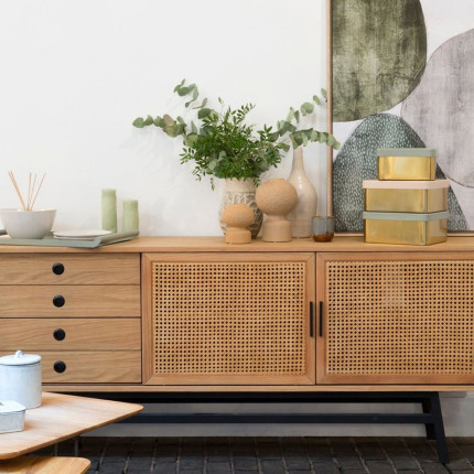 LALALA - Buffet with 2 doors / 2 drawers in oak, rattan, and metal