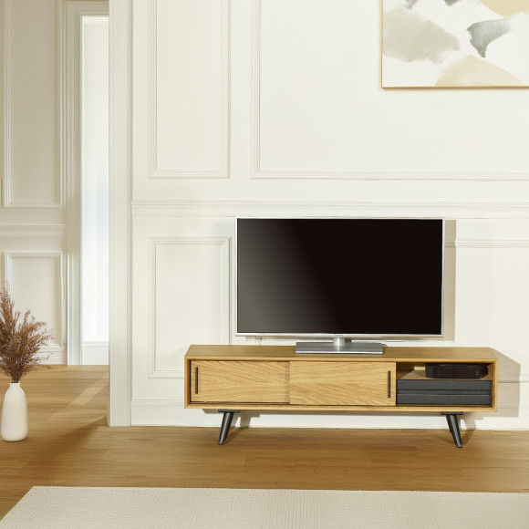 ALDWIN - Mueble de TV estilo escandinavo en roble, 2 puertas, 1 cajón