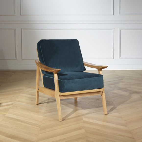 BIARRITZ - Fauteuil style scandinave en chêne et tissu velours, 1 place