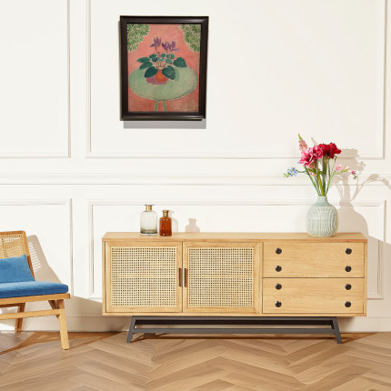 LALALA - Credenza in rovere, paglia di Vienna, metallo, 2 cassetti, 2 ante, 170 cm