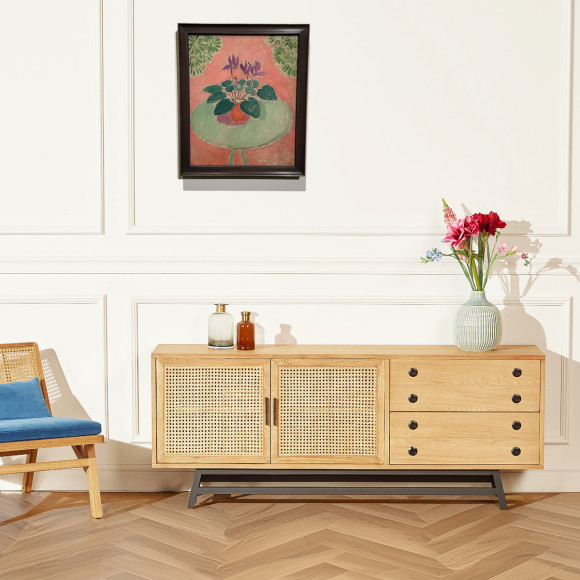 LALALA - Buffet bas en chêne, cannage, métal, 2 tiroirs, 2 portes, 170 cm