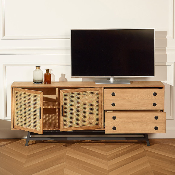 LALALA - Low sideboard in oak, caning, metal, 2 drawers, 2 doors, 170 cm