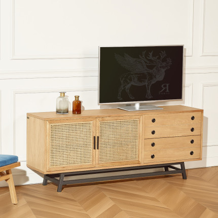 LALALA - Low sideboard in oak, caning, metal, 2 drawers, 2 doors, 170 cm