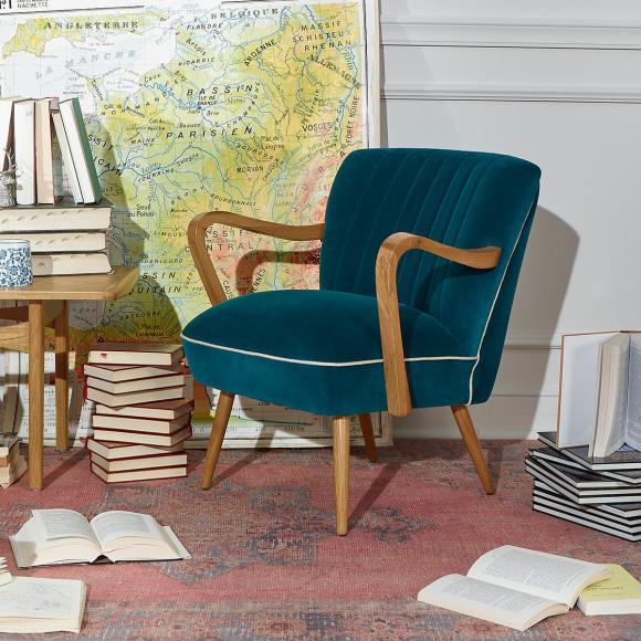 SIXTY - Velvet and solid wood armchair in Scandinavian style, FSC® certified wood