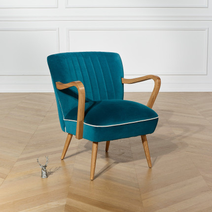 SIXTY - Fauteuil en velours et bois massif style scandinave, bois certifié FSC®