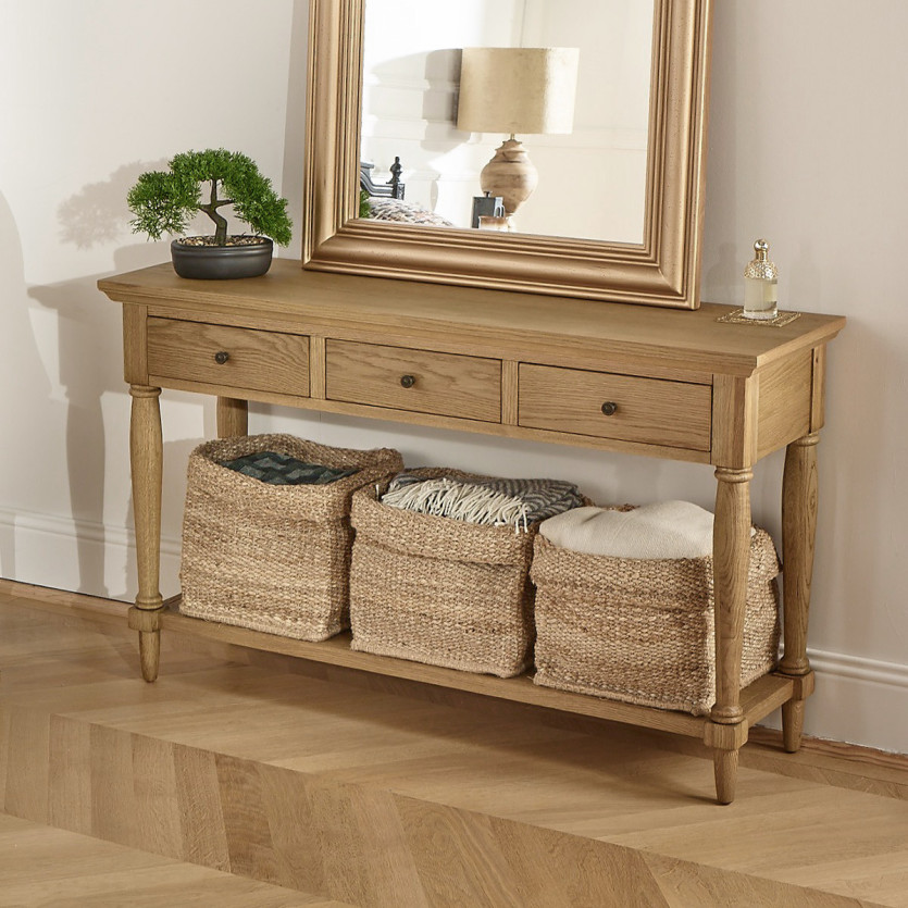 EDINBURGH - Shabby chic style console in oak, 3 drawers, 1 shelf