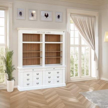 GUSTAVE - Solid wood library in classic style, 4 doors, 8 shelves, 2 drawers, FSC® certified wood