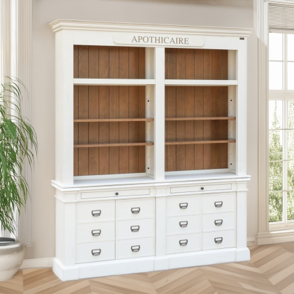 GUSTAVE - Solid wood library in classic style, 4 doors, 8 shelves, 2 drawers, FSC® certified wood