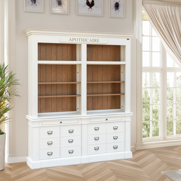 GUSTAVE - Solid wood library in classic style, 4 doors, 8 shelves, 2 drawers, FSC® certified wood