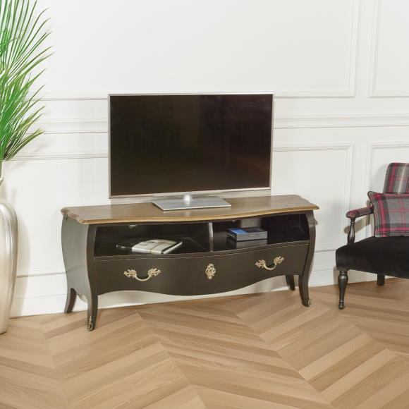 ALIENOR – Meuble tv 145 cm en bois massif style intemporel, 1 tiroir, 2 niches, bois certifié FSC®