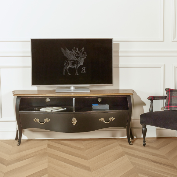 ALIENOR – Meuble tv 145 cm en bois massif style intemporel, 1 tiroir, 2 niches, bois certifié FSC®