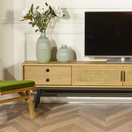 LALALA - Meuble TV style scandinave en bois et robin, 2 portes, 1 tiroir