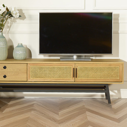 LALALA - Meuble TV style scandinave en bois et robin, 2 portes, 1 tiroir