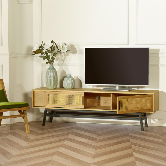 LALALA - Meuble TV style scandinave en bois et robin, 2 portes, 1 tiroir