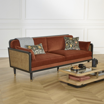 ARABELLA – Vintage-Stil Sofa aus Baumwollsamt, Holz und Rattan, 3-Sitzer, FSC®-zertifiziertes Holz