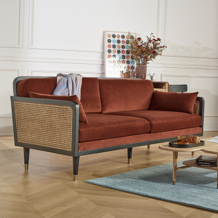 ARABELLA – Vintage-Stil Sofa aus Baumwollsamt, Holz und Rattan, 3-Sitzer, FSC®-zertifiziertes Holz