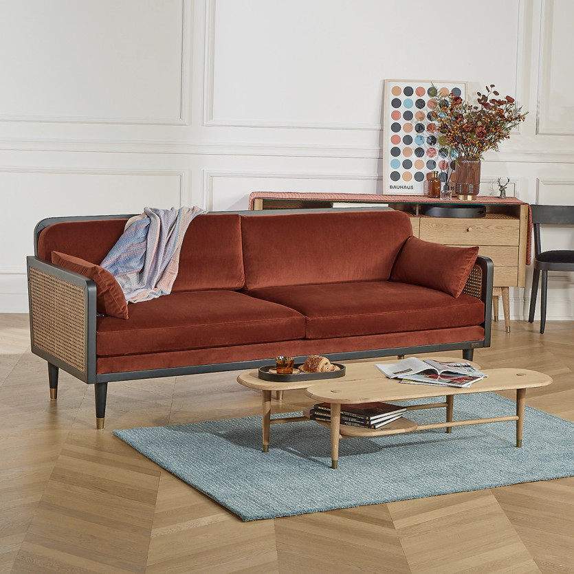 ARABELLA – Vintage-Stil Sofa aus Baumwollsamt, Holz und Rattan, 3-Sitzer, FSC®-zertifiziertes Holz