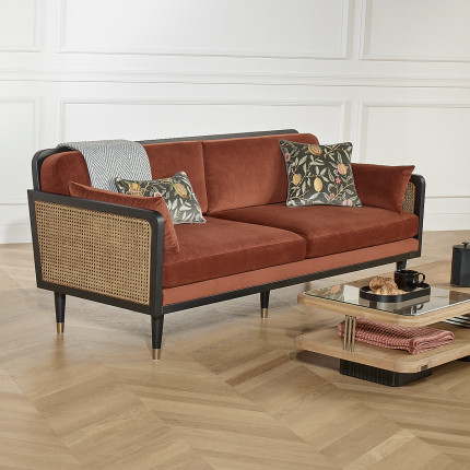 ARABELLA – Vintage-Stil Sofa aus Baumwollsamt, Holz und Rattan, 3-Sitzer, FSC®-zertifiziertes Holz