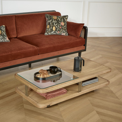 RANDY - Contemporary-style coffee table in oak and glass, double shelf