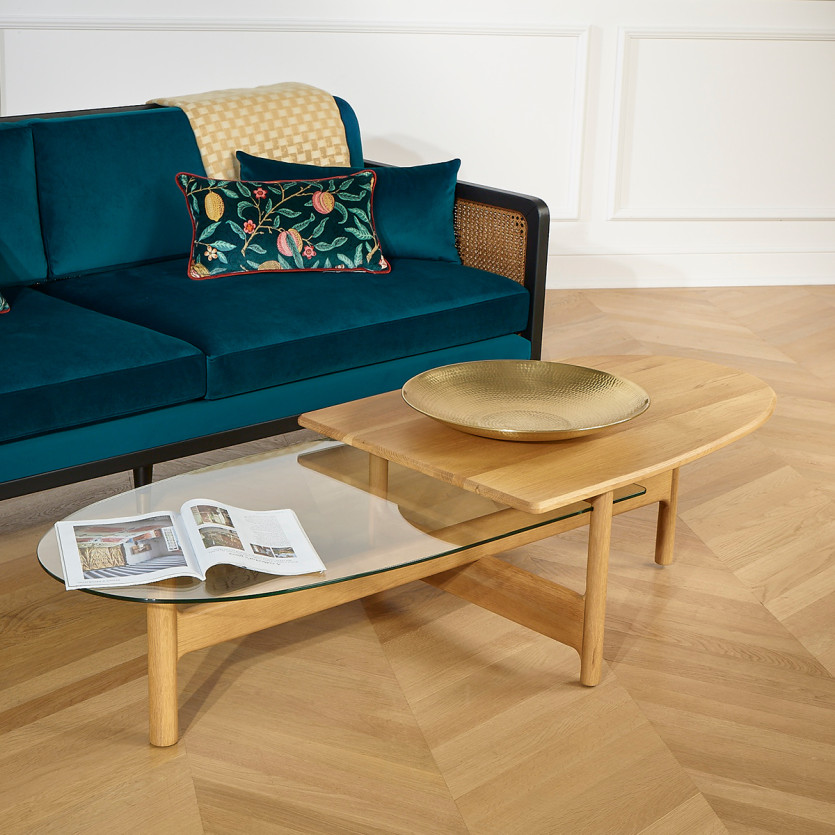 VANCOUVER - Contemporary style oval coffee table, solid wood and glass tops