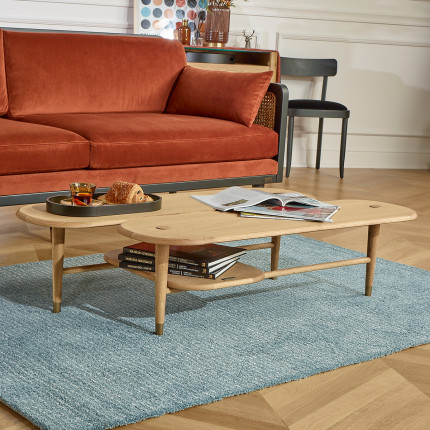 KENJI - Modern style coffee table in oak, brass legs, lower shelf