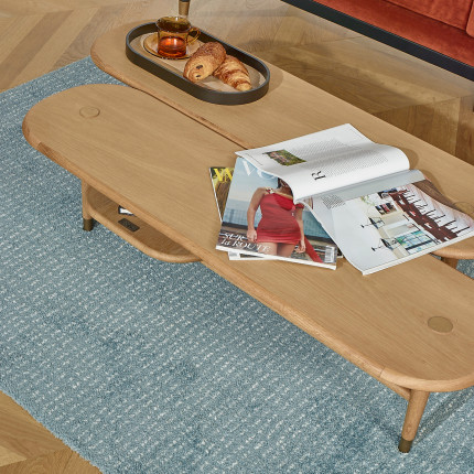 KENJI - Modern style coffee table in oak, brass legs, lower shelf