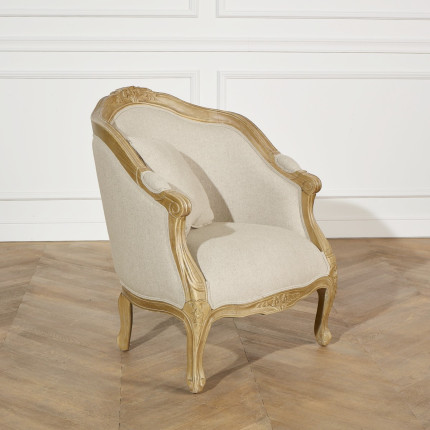 ALEXANDRE - Fauteuil bergère style classique en bois massif et lin, 1 place, bois certifié FSC®