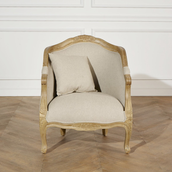 ALEXANDRE - Fauteuil bergère style classique en bois massif et lin, 1 place, bois certifié FSC®