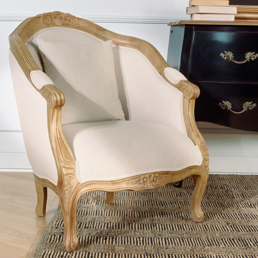 ALEXANDRE - Fauteuil bergère style classique en bois massif et lin, 1 place, bois certifié FSC®