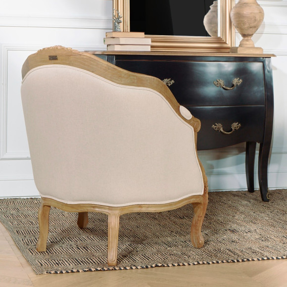 ALEXANDRE - Fauteuil bergère style classique en bois massif et lin, 1 place, bois certifié FSC®