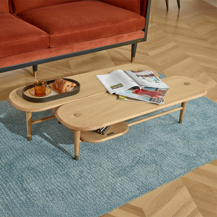 KENJI - Modern style coffee table in oak, brass legs, lower shelf