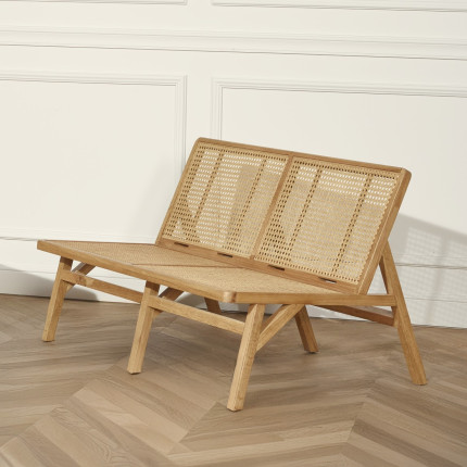 LALALA - Scandinavian style bench in oak, cane, and velvet, 2-seater