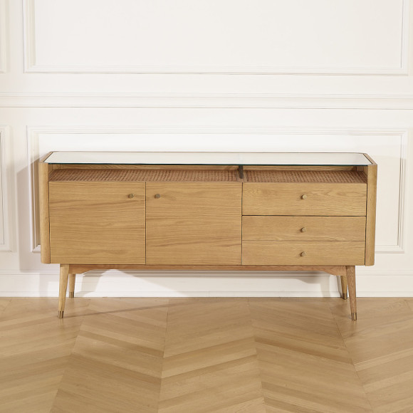 LEON - Buffet enfilade style contemporain en chêne, 2 portes, 3 tiroirs