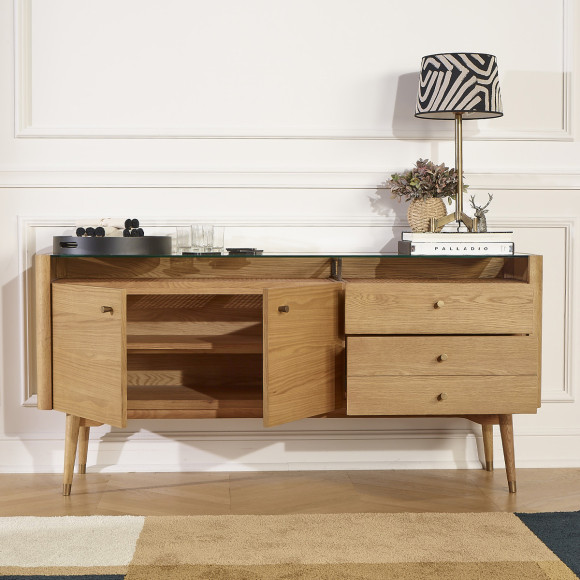 LEON - Buffet enfilade style contemporain en chêne, 2 portes, 3 tiroirs