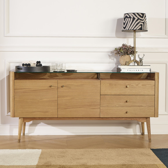 LEON - Buffet enfilade style contemporain en chêne, 2 portes, 3 tiroirs