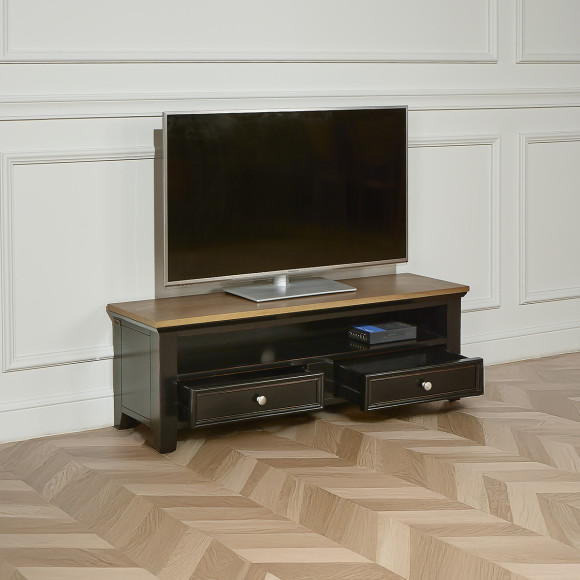 ARCHER - Mueble de TV estilo costero en madera, 1 nicho, 2 cajones