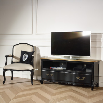 SERRENA - Mueble de TV negro estilo romántico, encimera de roble, 2 compartimentos, 1 cajón