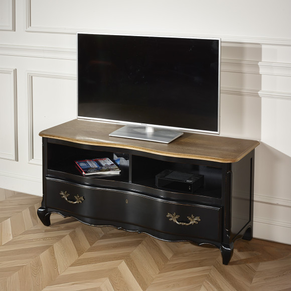 SERRENA - Black TV stand with a romantic style, oak top, 2 niches, 1 drawer