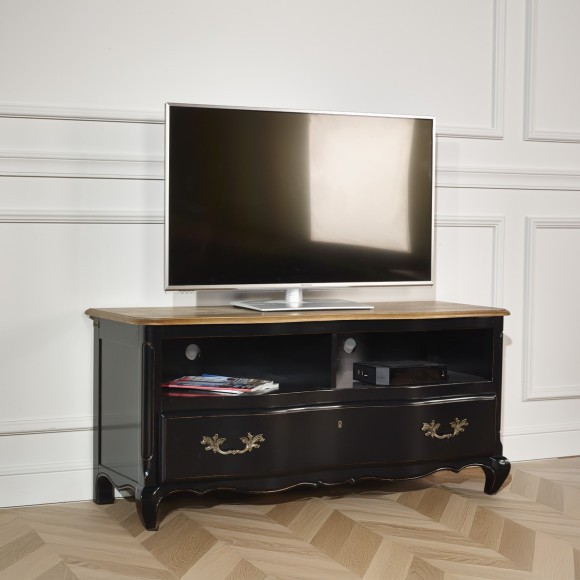 SERRENA - Mueble de TV negro estilo romántico, encimera de roble, 2 compartimentos, 1 cajón