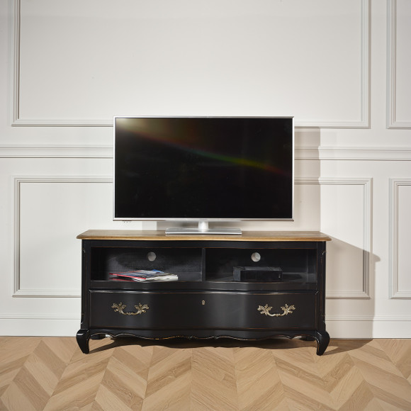 SERRENA - Black TV stand with a romantic style, oak top, 2 niches, 1 drawer