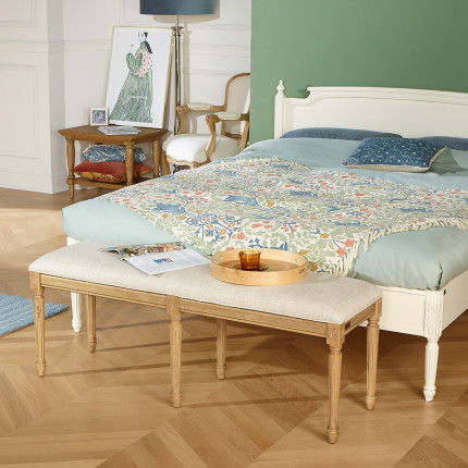 STEPHEN - Banco para el pie de la cama de hevea y lino premium, 130 cm - Madera certificada FSC®