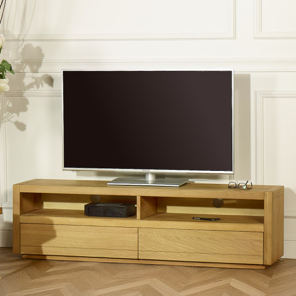 AIKEN - Mueble de TV estilo contemporáneo en roble, 2 nichos, 2 cajones