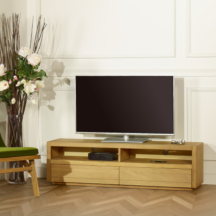 AIKEN - Mueble de TV estilo contemporáneo en roble, 2 nichos, 2 cajones