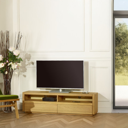 AIKEN - Mueble de TV estilo contemporáneo en roble, 2 nichos, 2 cajones