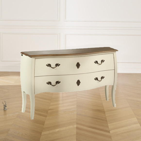 ALIENOR - Comò bianco stile Luigi XV, piano in rovere, 2 cassetti - legno certificato FSC®