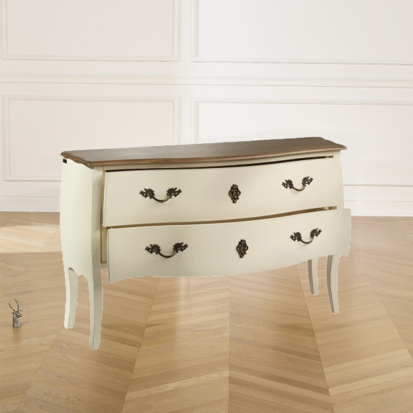 ALIENOR - Comò bianco stile Luigi XV, piano in rovere, 2 cassetti - legno certificato FSC®