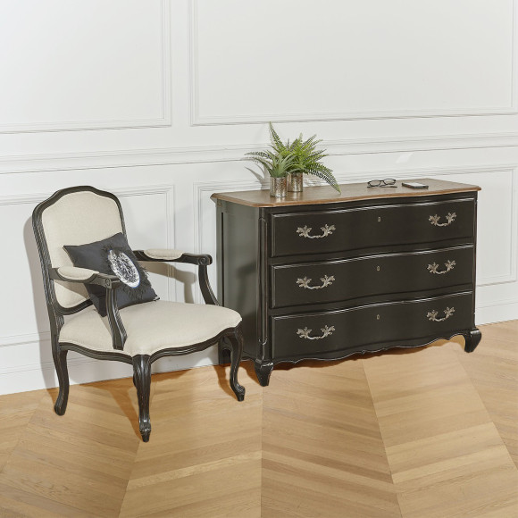 SERRENA - Commode shabby chic noire en chêne, 3 tiroirs