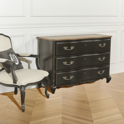 SERRENA - Commode shabby chic noire en chêne, 3 tiroirs